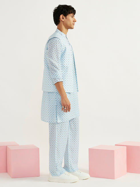 Men's Aqua Linen Jacket,Kurta And Pyjama Set.