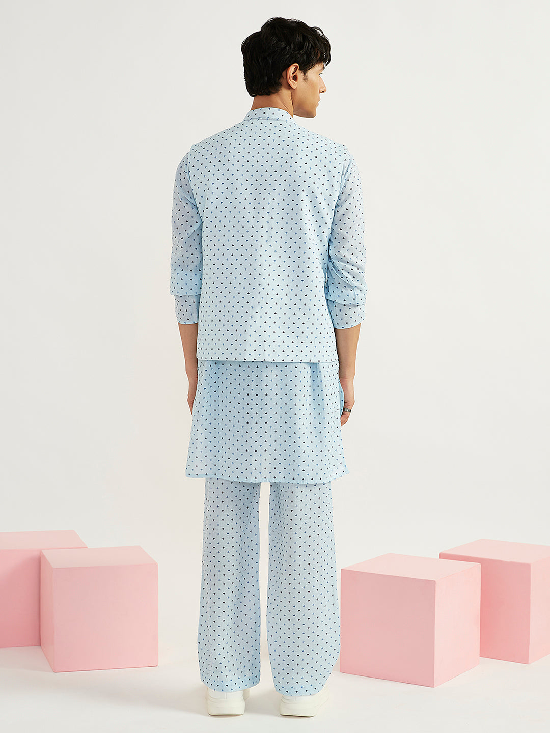 Men's Aqua Linen Jacket,Kurta And Pyjama Set.