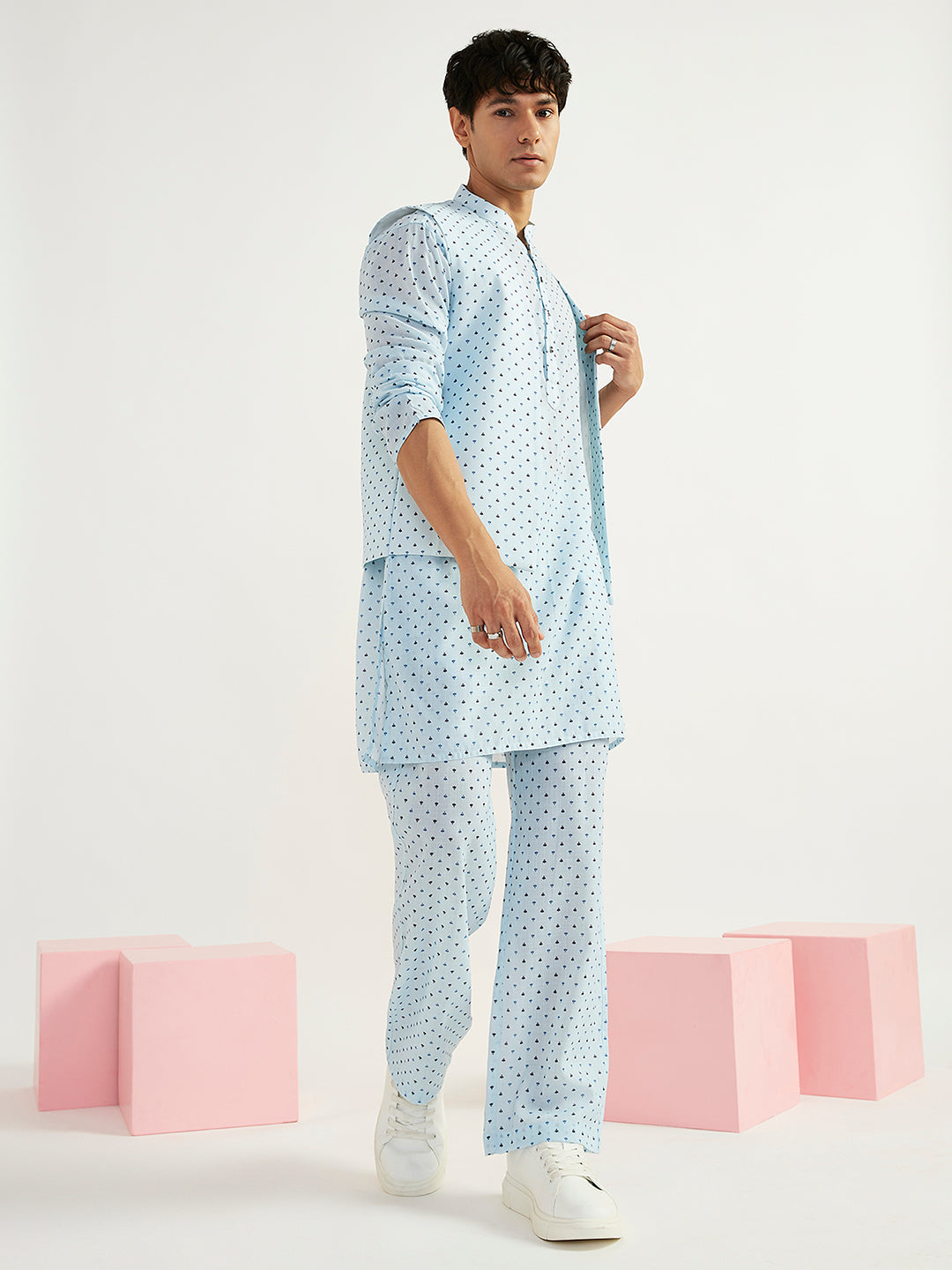 Men's Aqua Linen Jacket,Kurta And Pyjama Set.