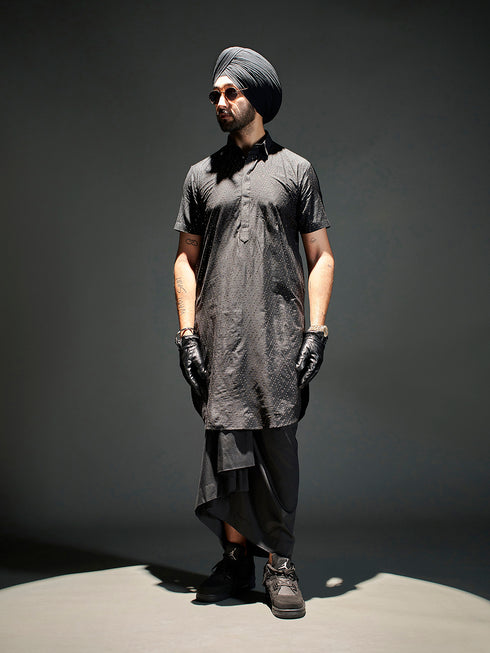 Men's Black Sequined Viscose Kurta Lungi Set