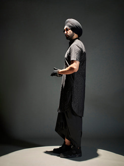 Men's Black Sequined Viscose Kurta Lungi Set