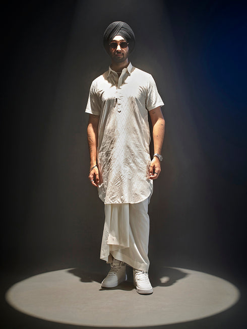 Men's White Viscose Kurta Lungi Set