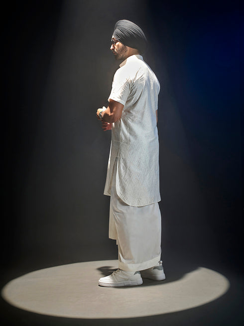 Men's White Viscose Kurta Lungi Set