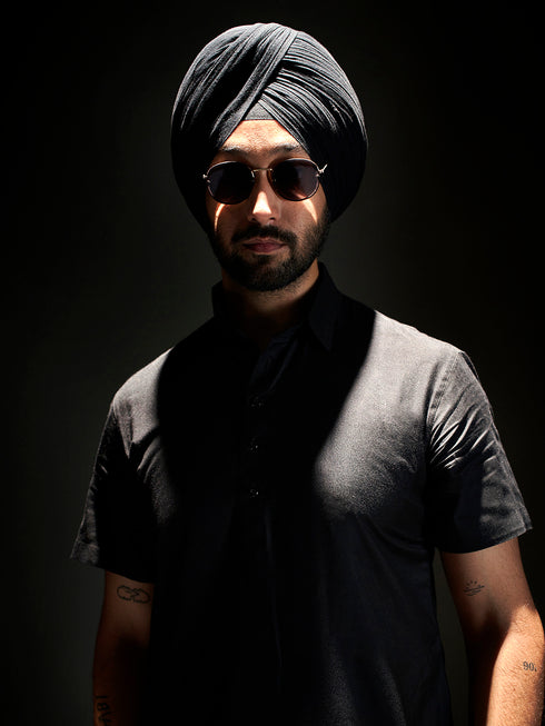 Men's Black Plain Viscose Kurta Lungi Set