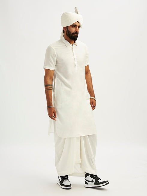 Men's White Viscose Kurta Lungi And Safa Set