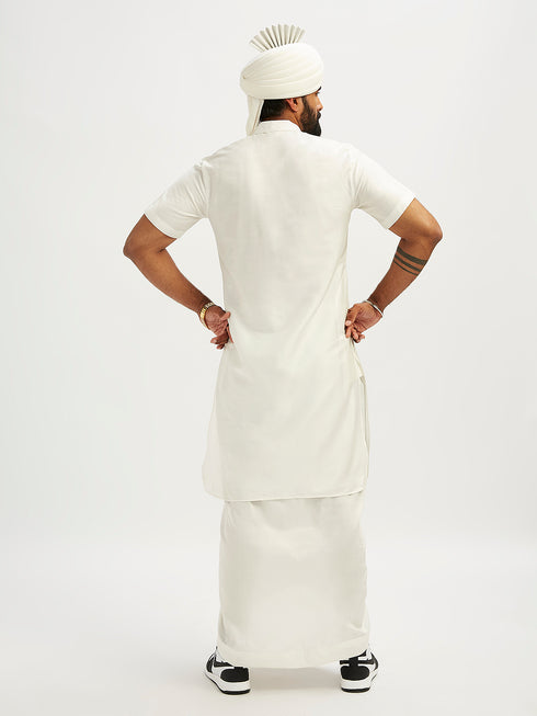 Men's White Viscose Kurta Lungi And Safa Set