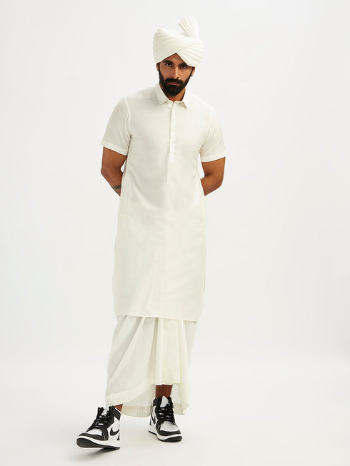Men's White Viscose Kurta Lungi And Safa Set