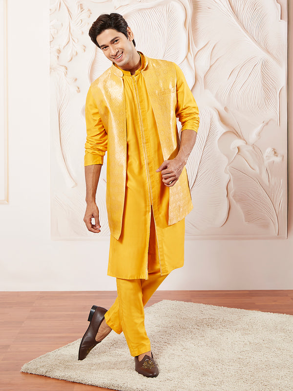 Men's Mustard Silk Blend Jacket Kurta And Pyjama Set