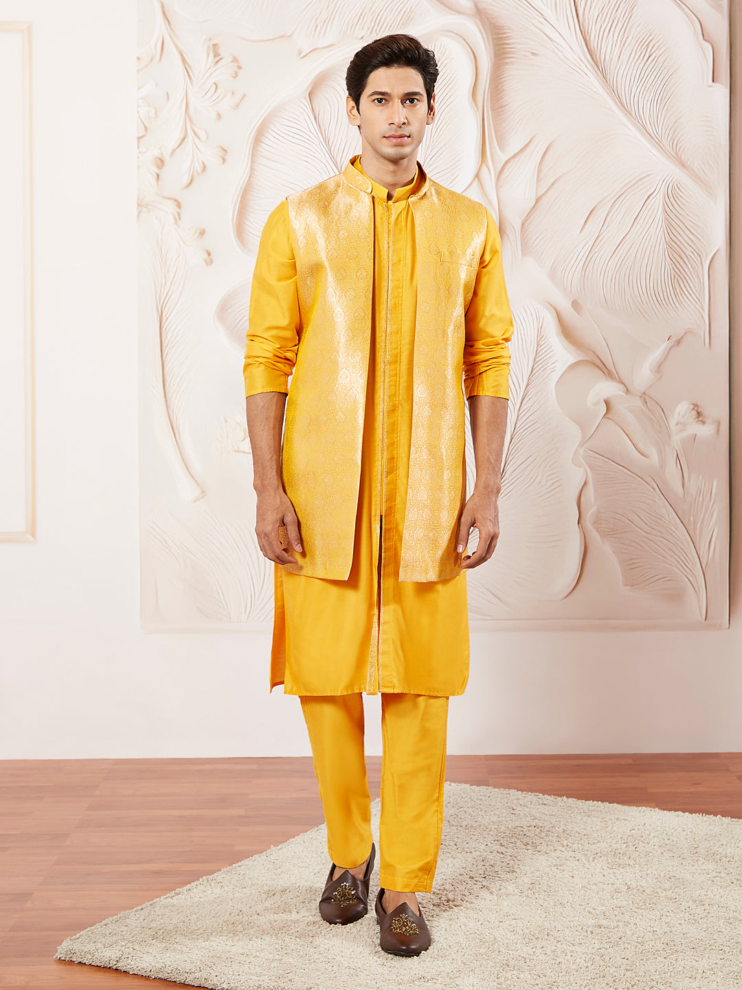 Men's Mustard Silk Blend Jacket Kurta And Pyjama Set