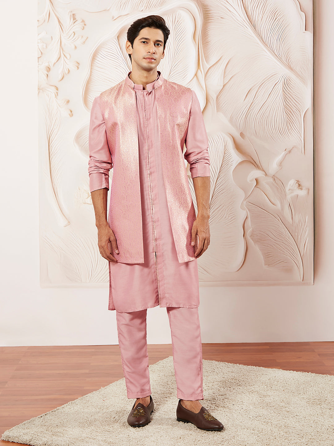 Men's Pink Silk Blend Jacket Kurta And Pyjama Set