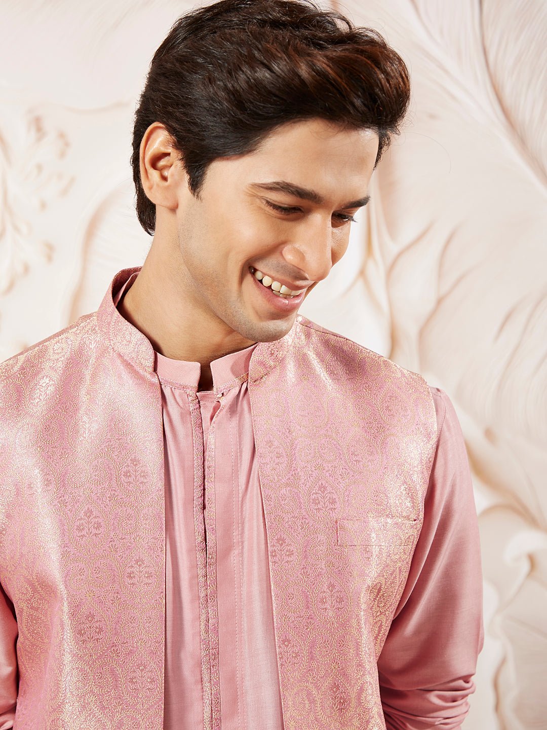 Men's Pink Silk Blend Jacket Kurta And Pyjama Set
