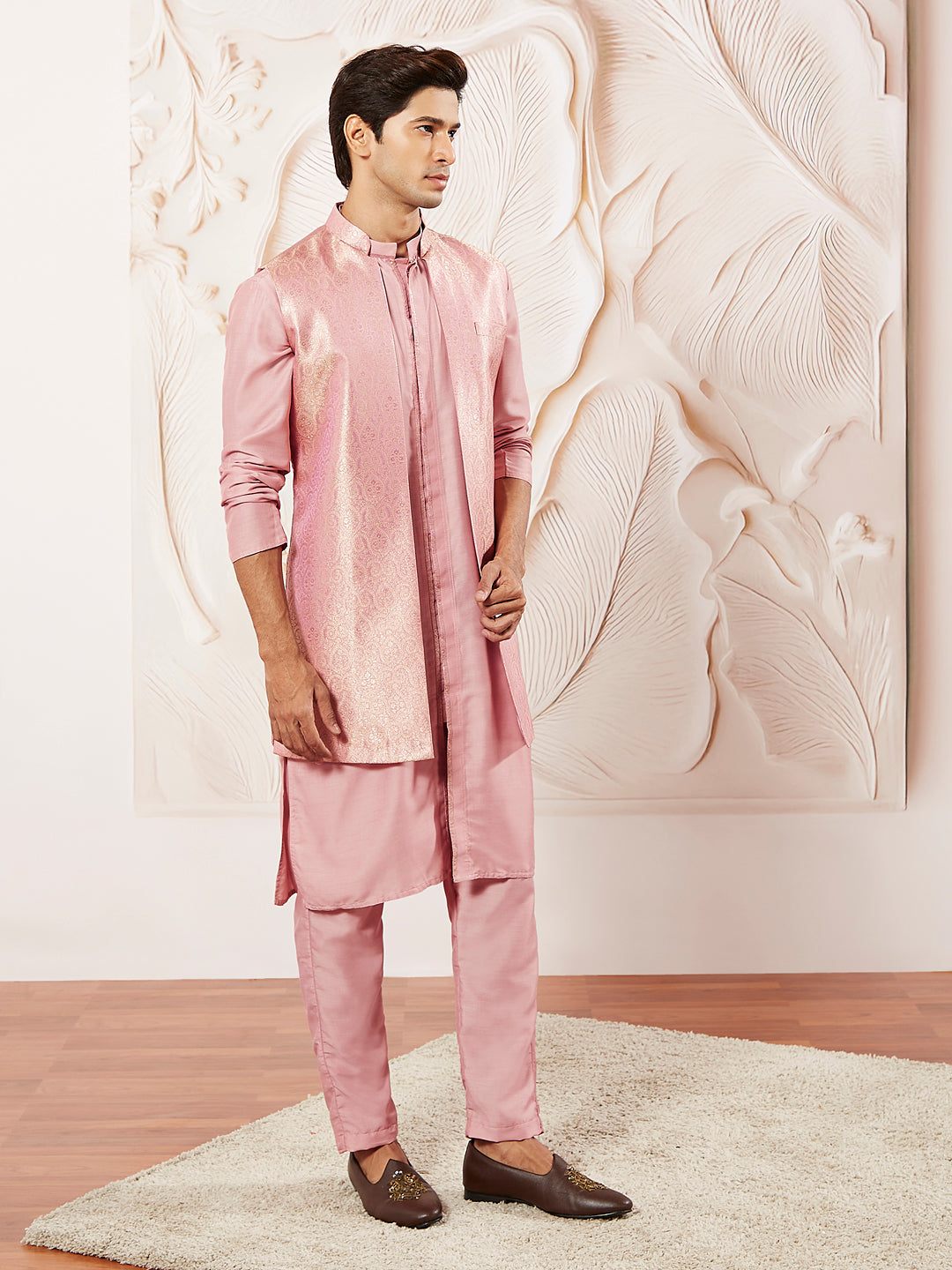 Men's Pink Silk Blend Jacket Kurta And Pyjama Set
