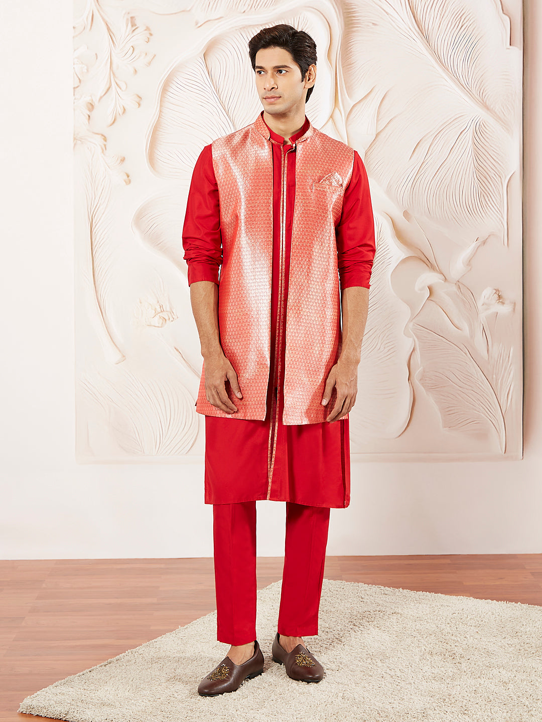 Men's Red Silk Blend Jacket Kurta And Pyjama Set