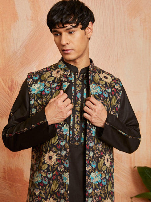 Men's Black Cotton Jacket Kurta And Pyjama Set