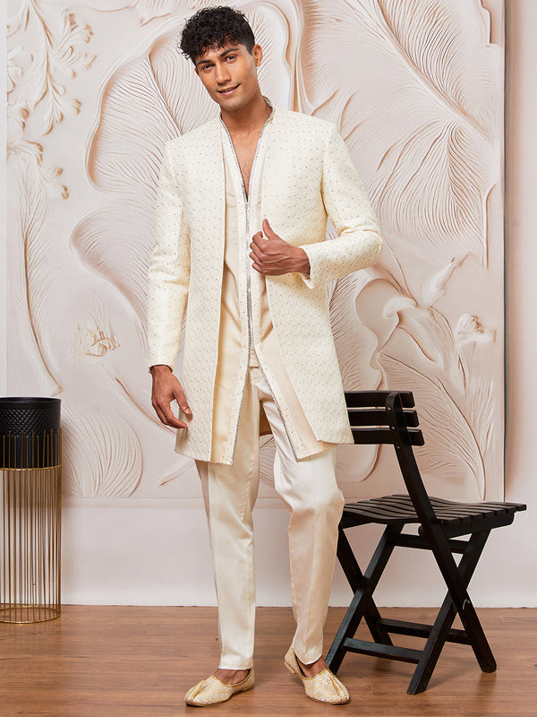 Men's Cream Silk Blend Indowestern, Kurta Pant Set