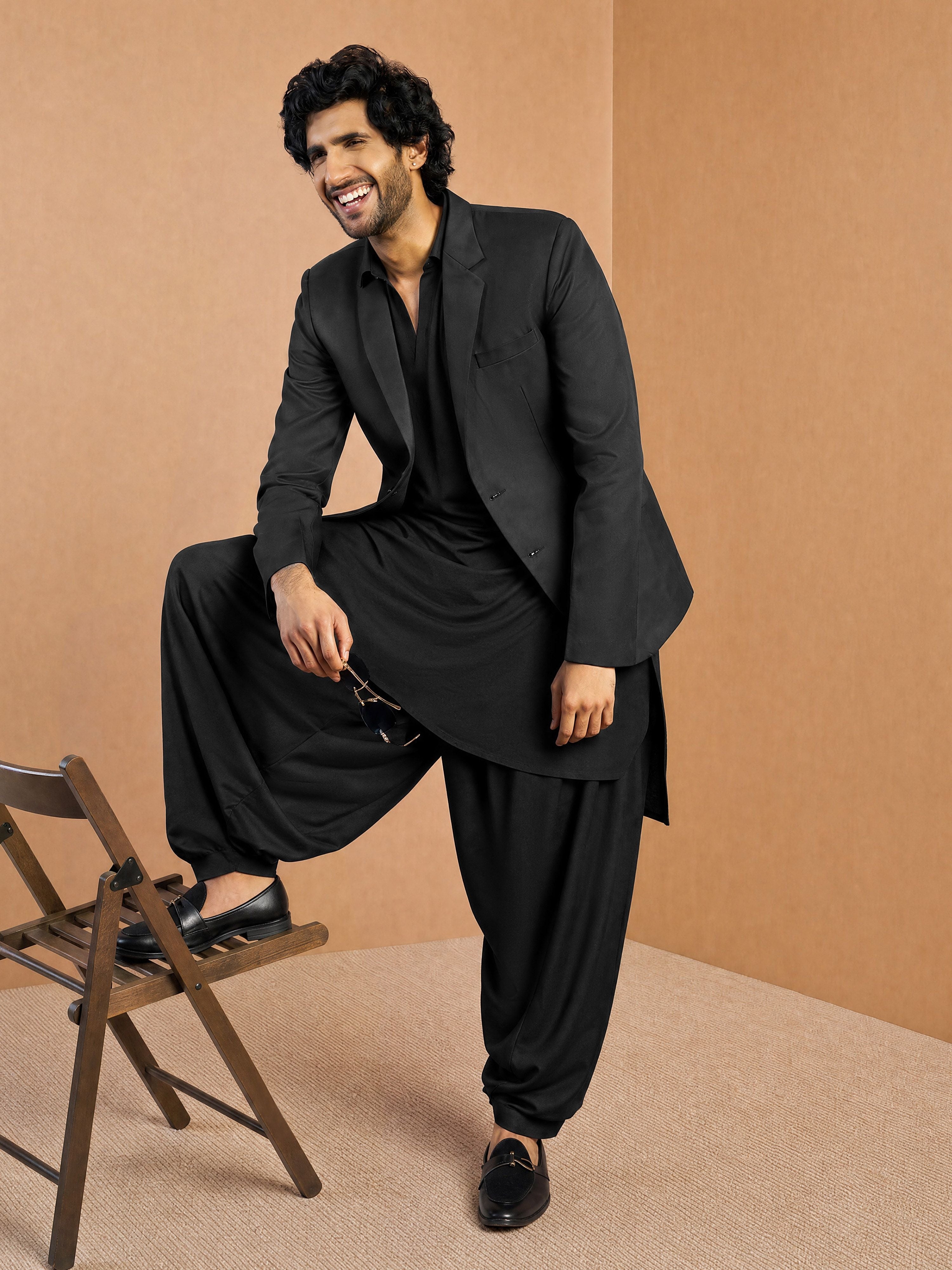 Men Black Cotton Silk Blazer and Pathani Kurta with Patiala Festive Ethnic Wear