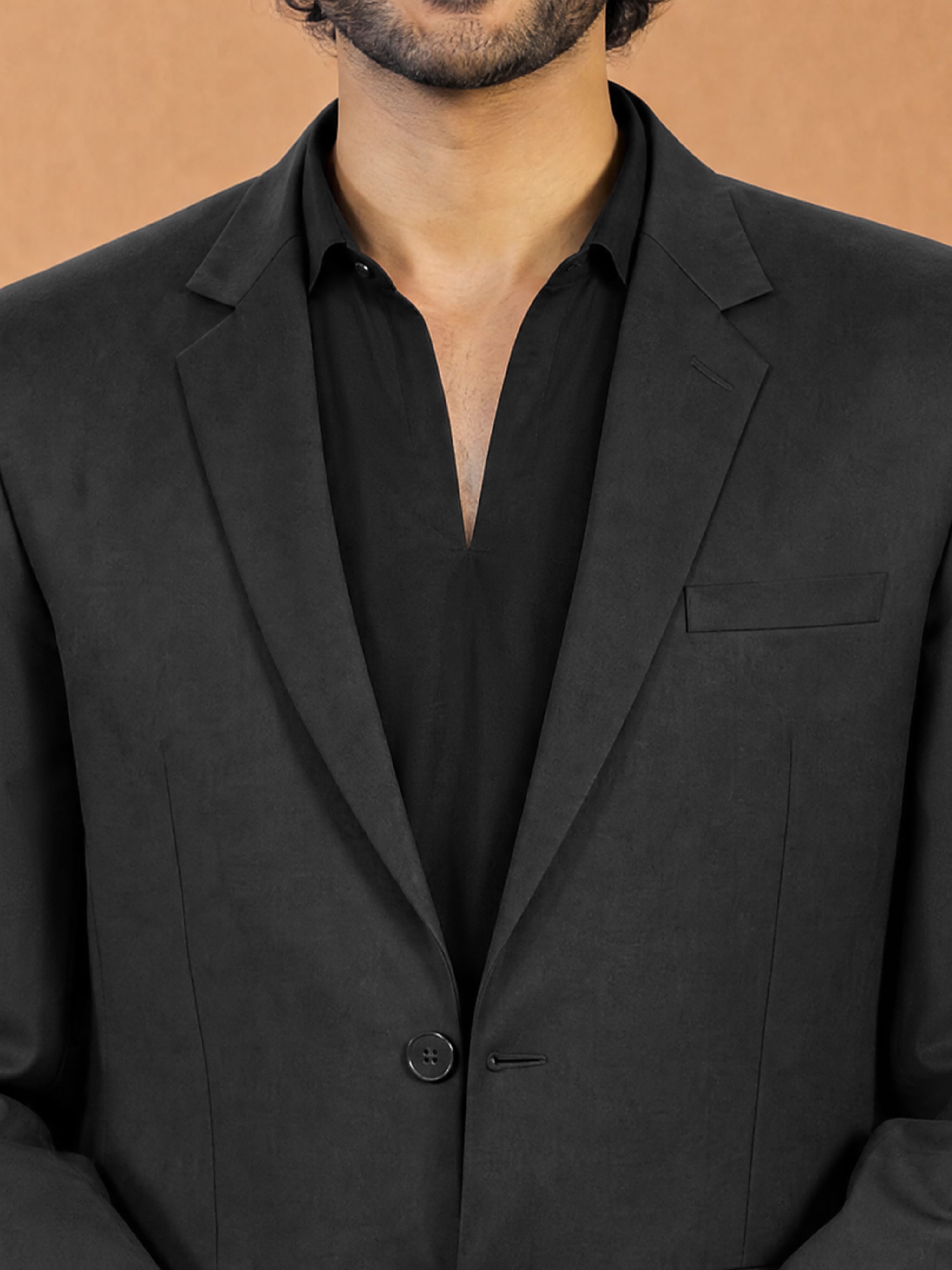 Men's Black Cotton-Silk Solid Knee Length Blazer and Pathani Kurta with Patiala