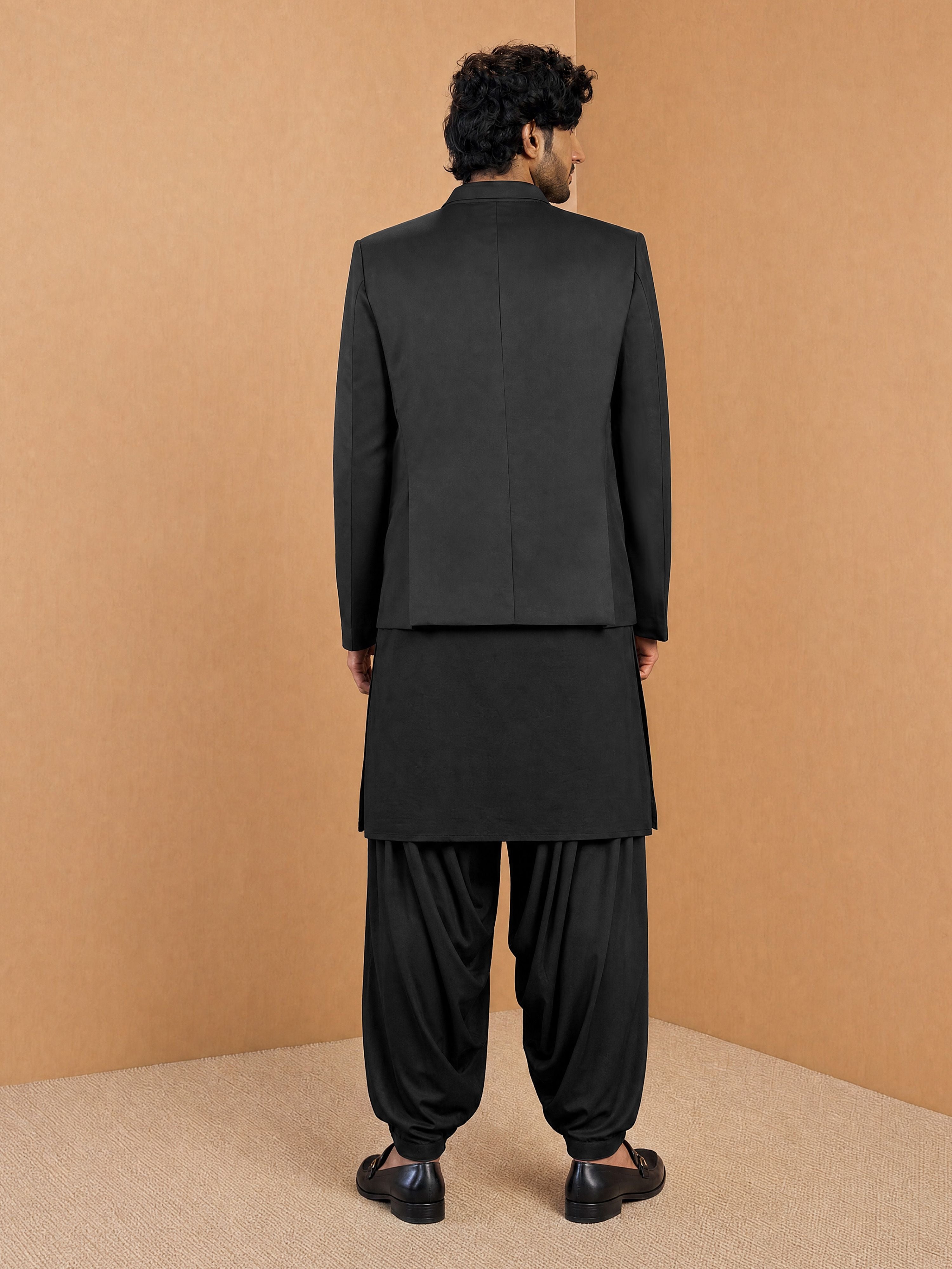 Men's Black Cotton-Silk Solid Knee Length Blazer and Pathani Kurta with Patiala