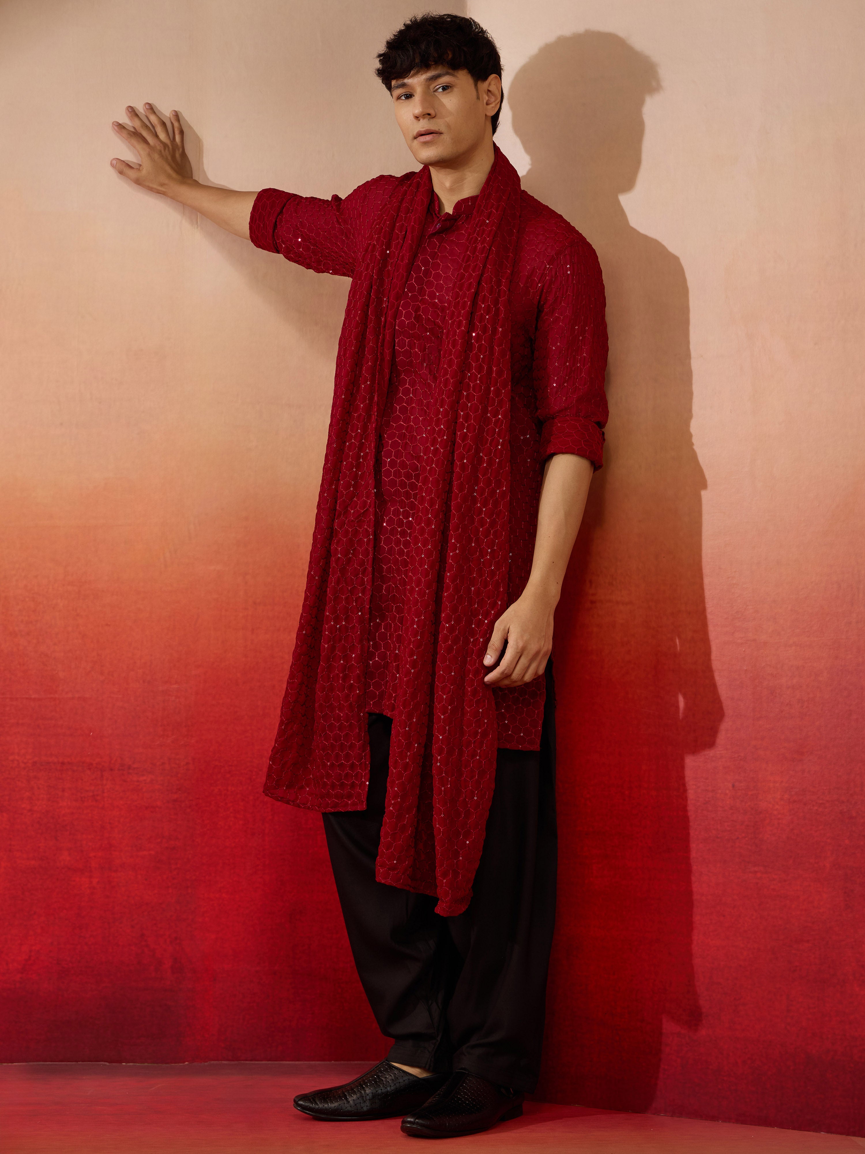 Men's Maroon Georgette Plain Dupatta