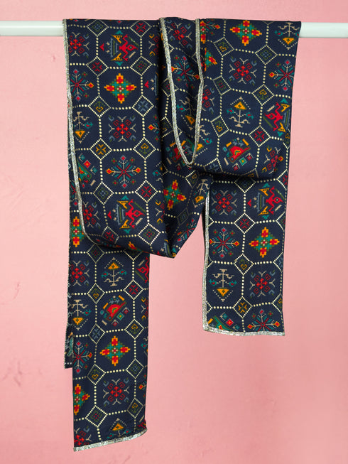 Men's Blue Rayon Printed Dupatta with Lace Detailing