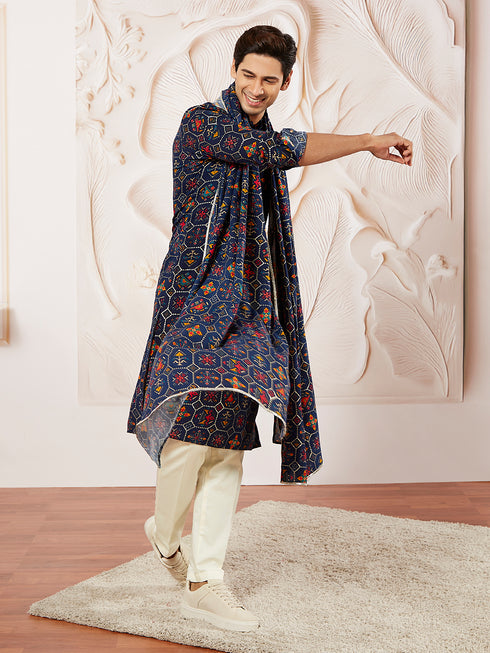 Men's Blue Rayon Printed Dupatta with Lace Detailing