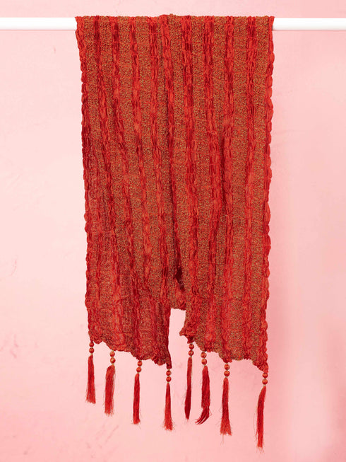 Men's Maroon Synthetic Crushed Dupatta Kurta Set