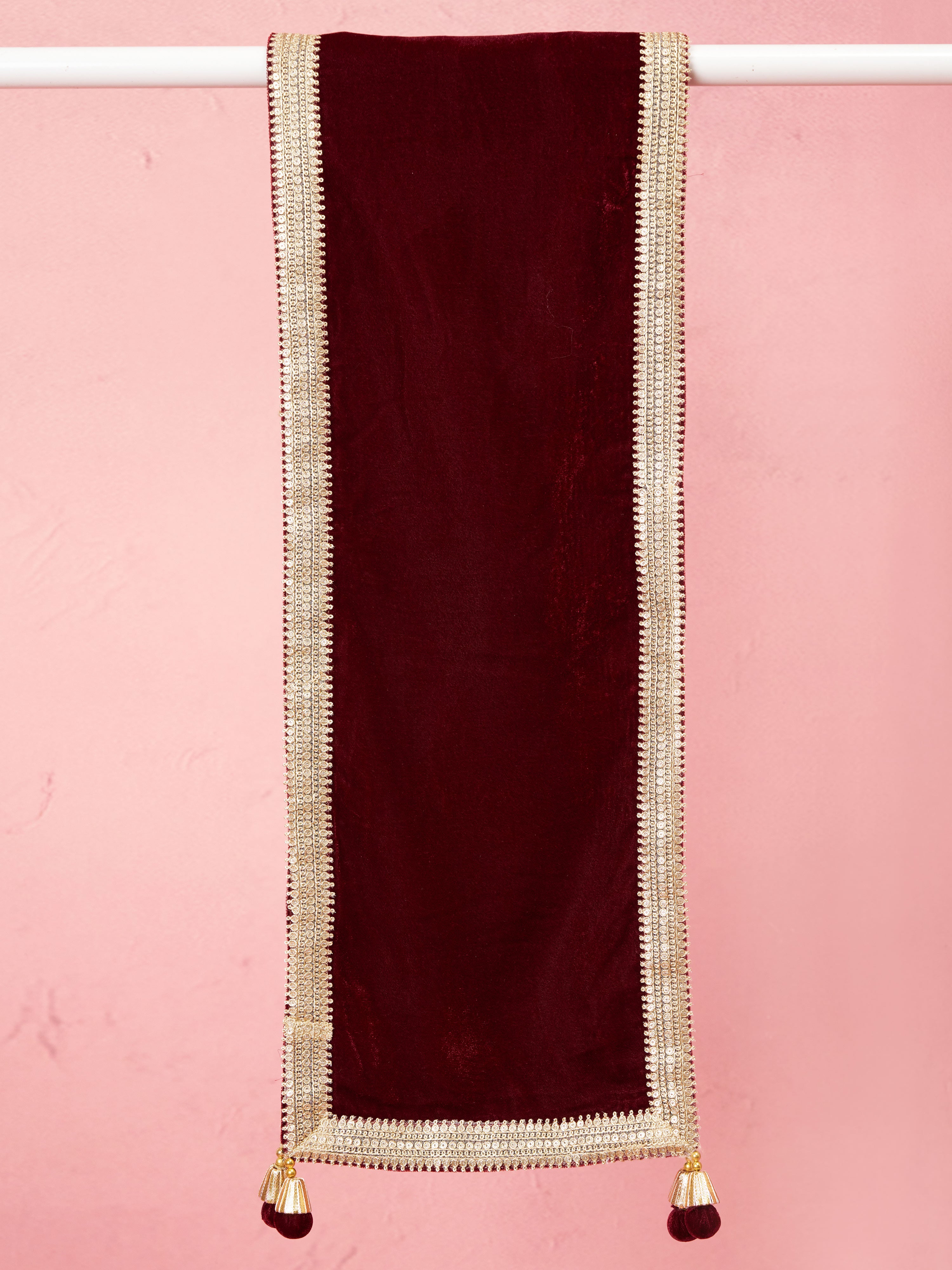 Men's Maroon Solid Velvet Kurta with Tassel Dupatta