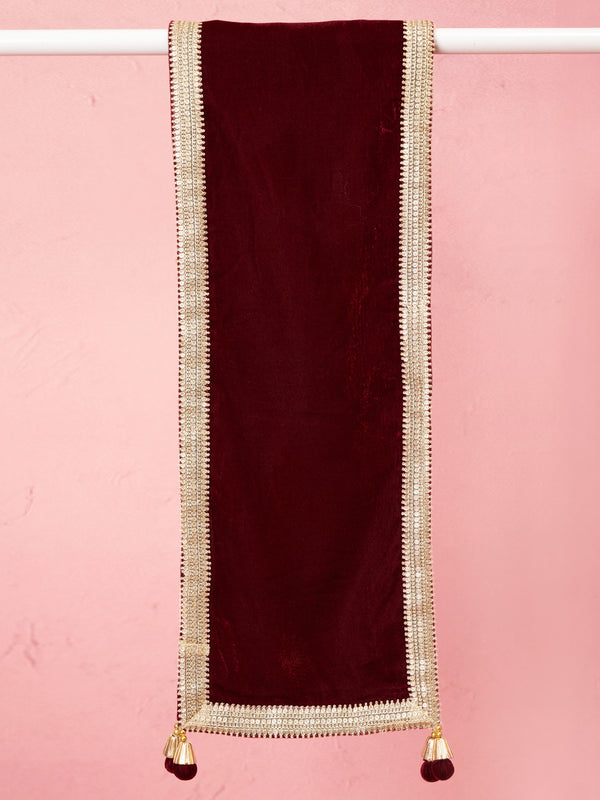 Men's Maroon Solid Velvet Kurta with Tassel Dupatta