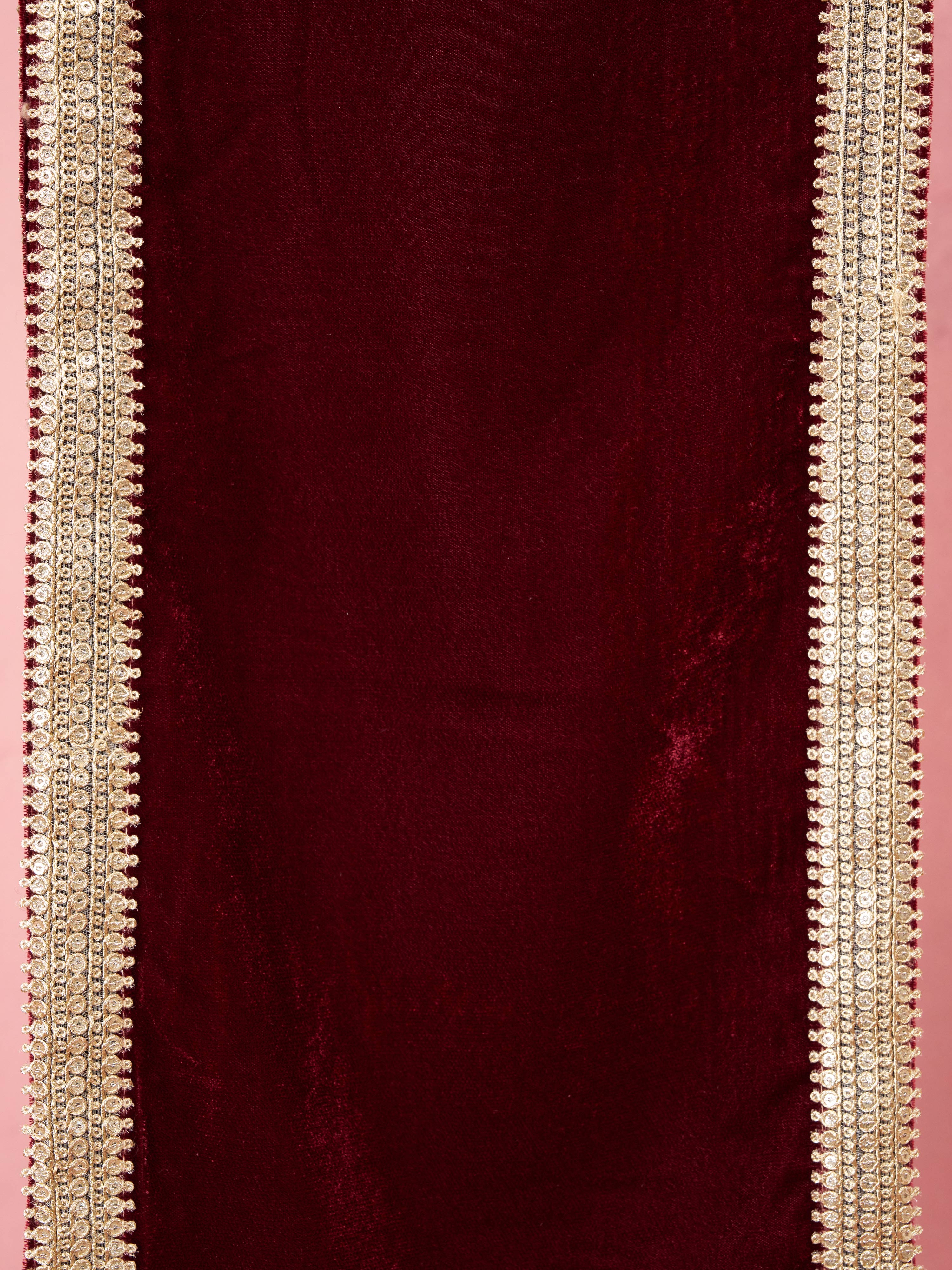 Men's Maroon Solid Velvet Kurta with Tassel Dupatta