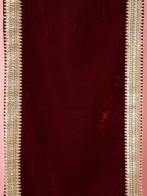 Men's Maroon Solid Velvet Kurta with Tassel Dupatta