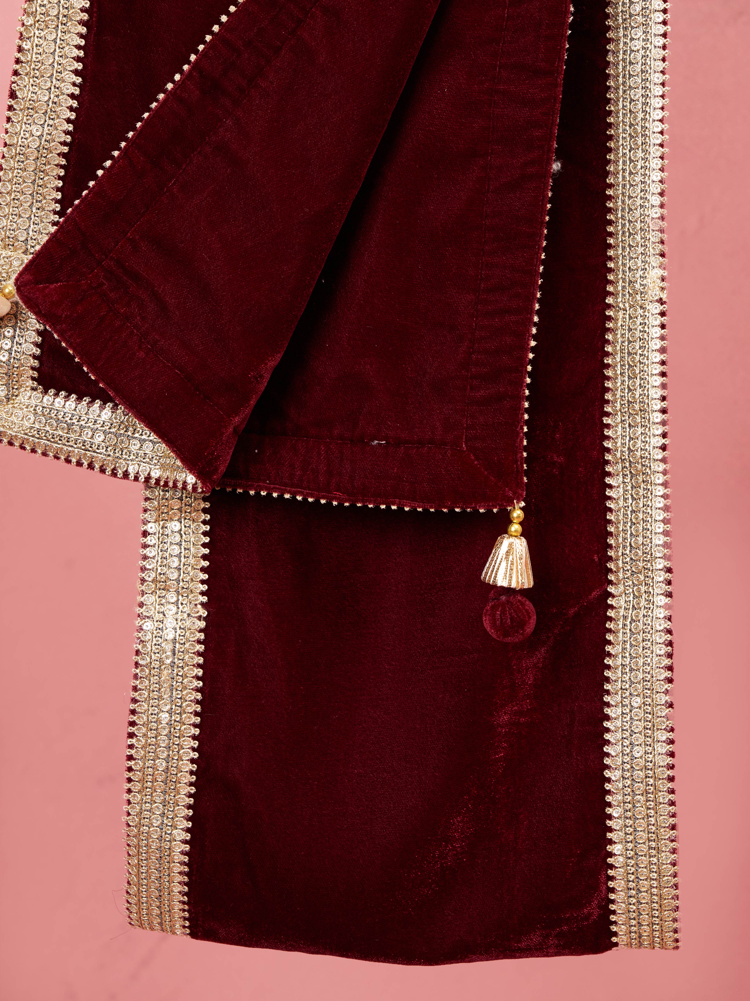 Men's Maroon Solid Velvet Kurta with Tassel Dupatta