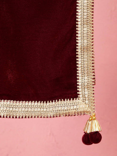 Men's Maroon Solid Velvet Kurta with Tassel Dupatta