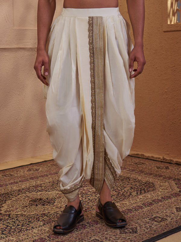 Men Cream Viscose Silk Solid Plain Elasticated Dhoti Festive Onam & Wedding Ethnic Wear