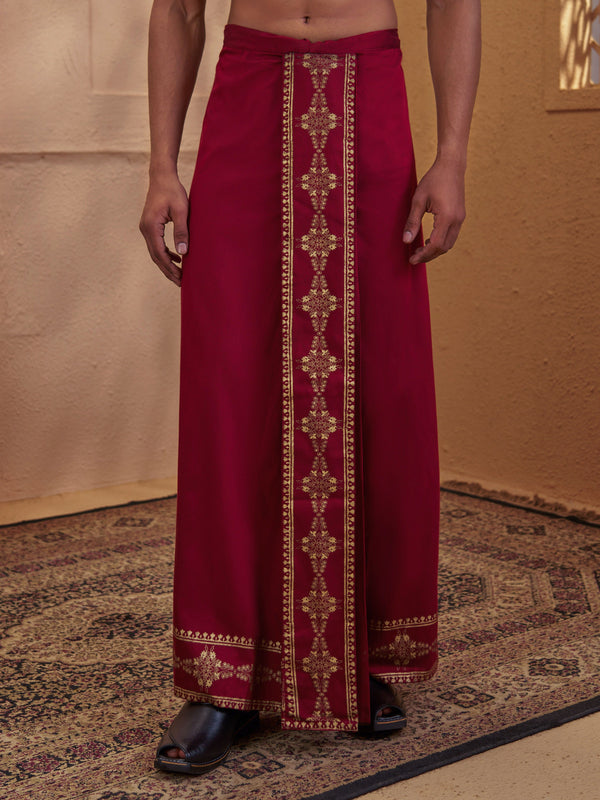 Men's Maroon Viscose Self Design Dhoti with Gold Border