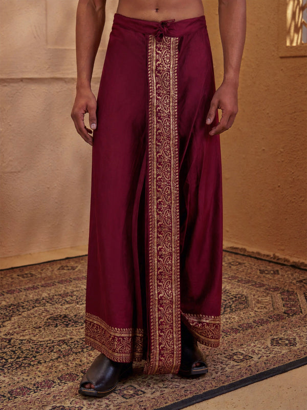 Wine Cotton-Silk Zari Border Pre-Stitched Men's Dhoti