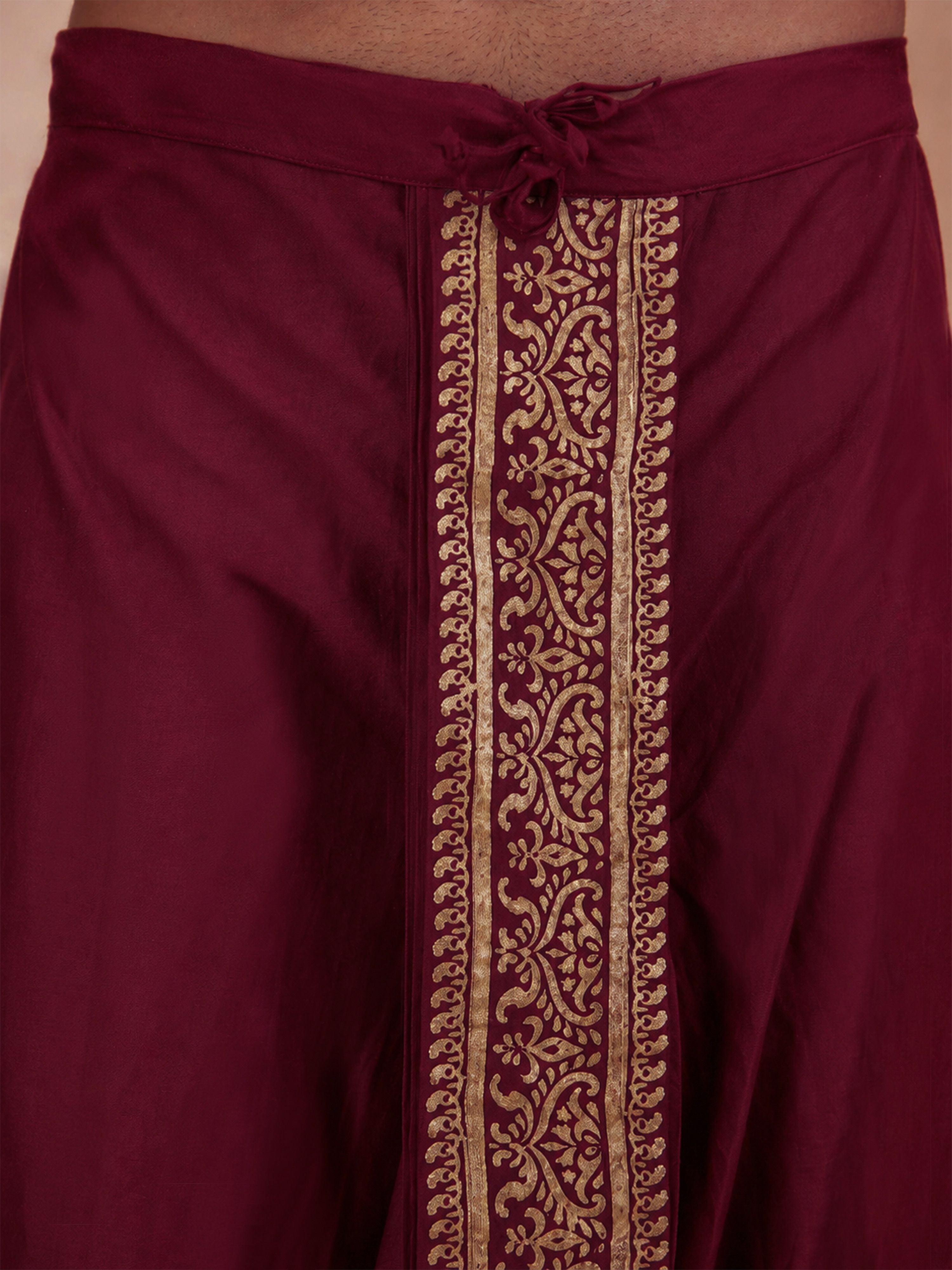 Men's Wine Cotton-Silk Solid Dhoti
