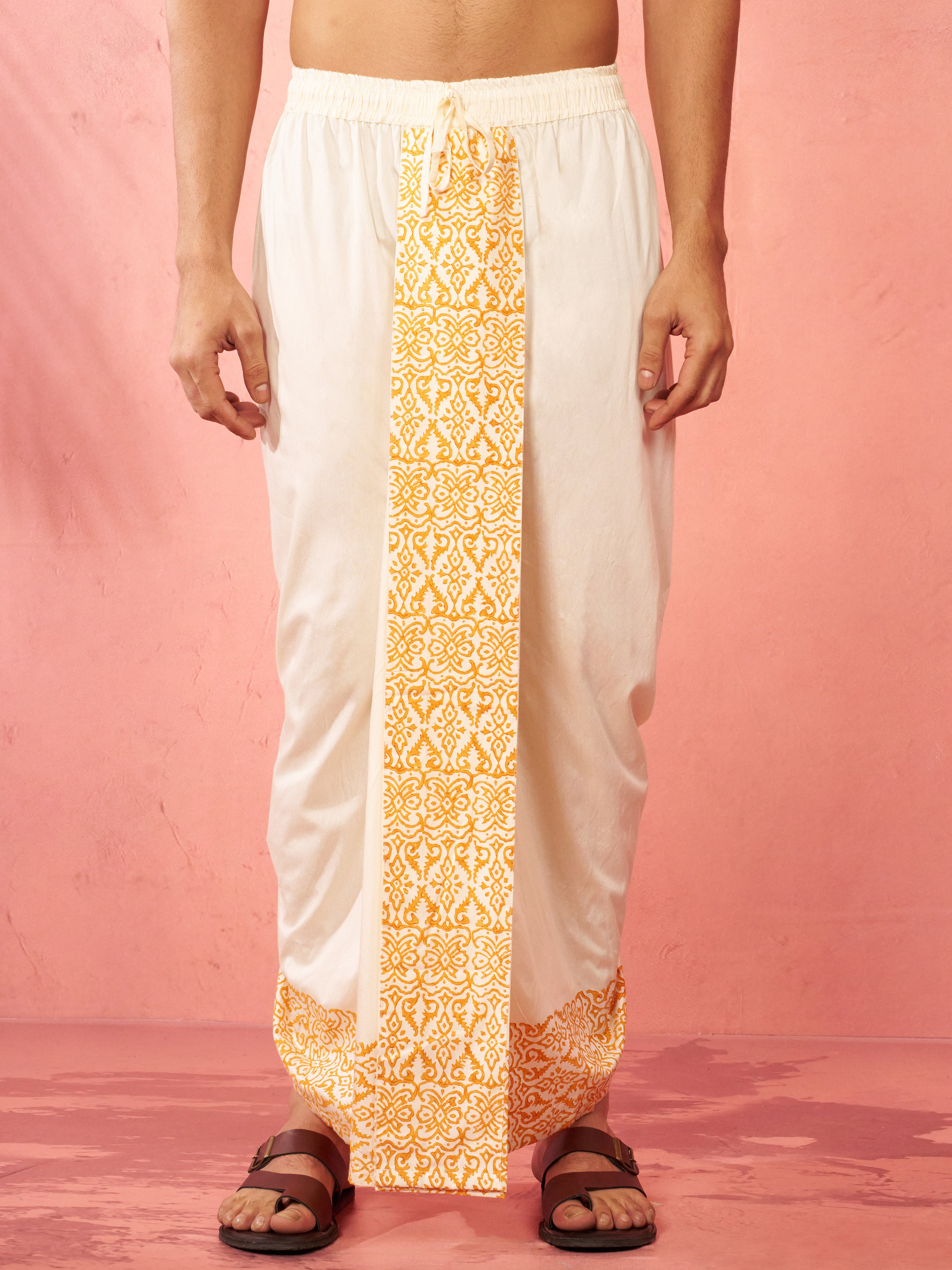 Men's Cream Viscose Dhoti Screen Print Ethnic