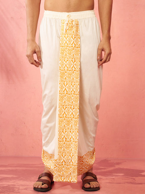 Men's Cream Viscose Dhoti Screen Print Ethnic