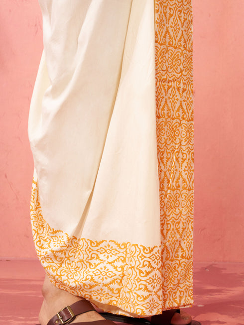 Men's Cream Viscose Dhoti Screen Print Ethnic