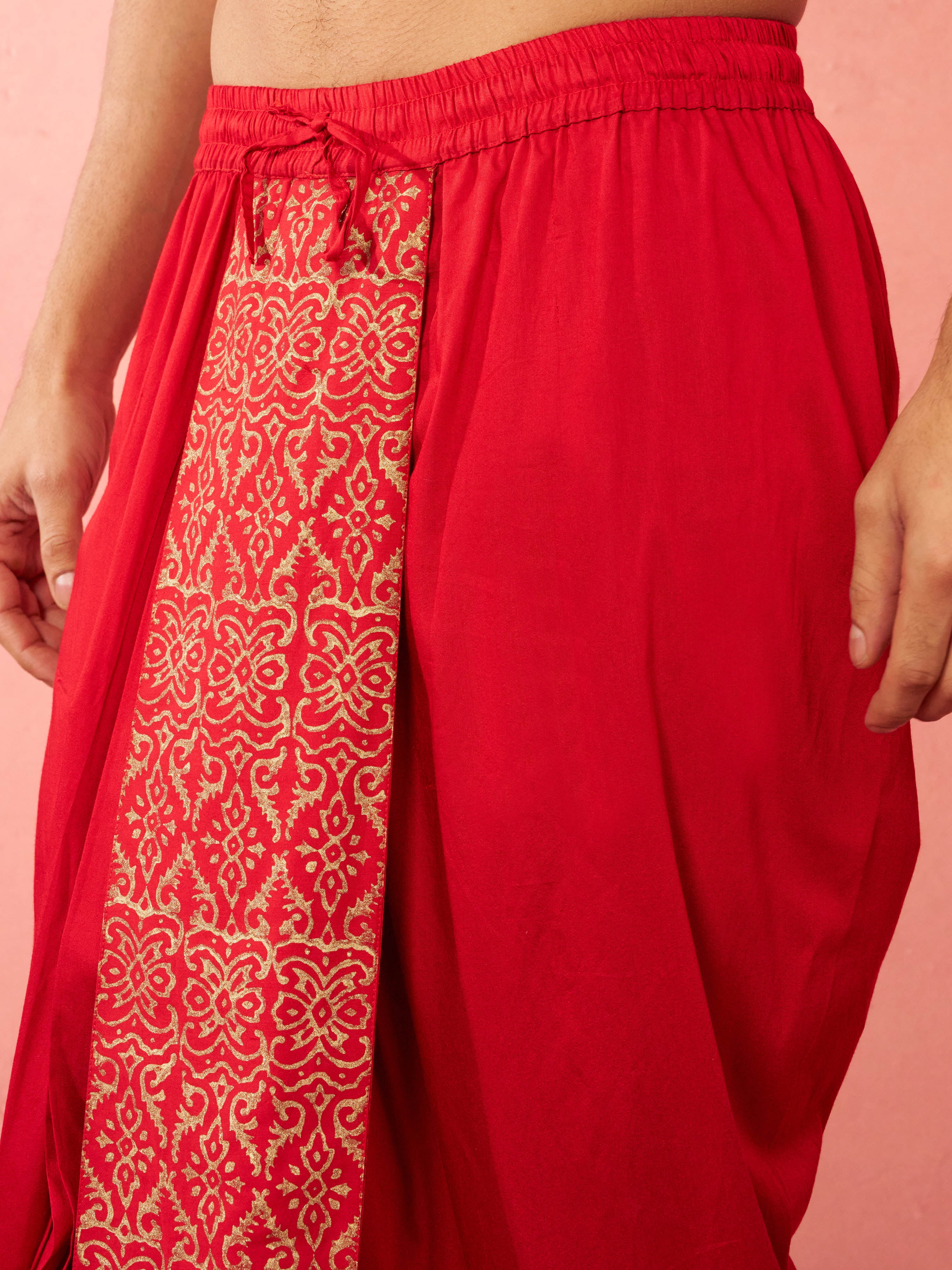 Men's Red Viscose Dhoti Traditional Border Print