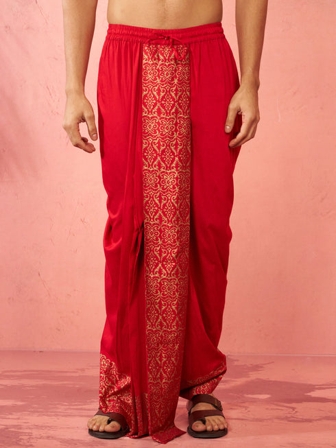 Men's Red Viscose Dhoti Traditional Border Print