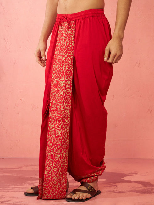 Men's Red Viscose Dhoti Traditional Border Print
