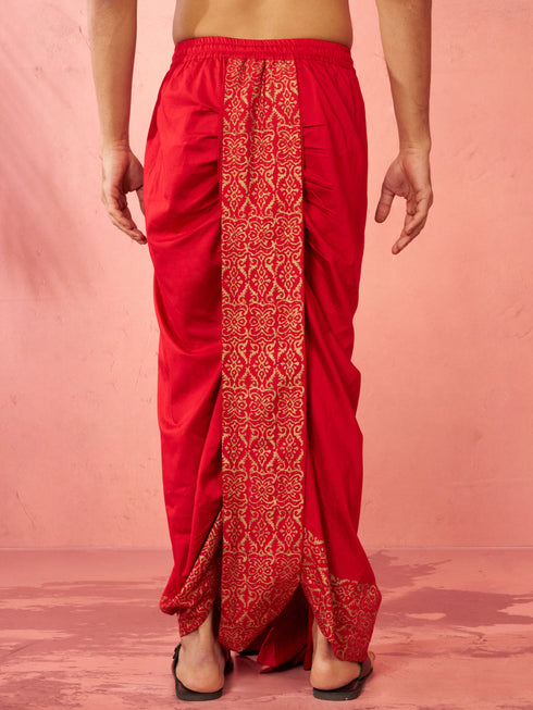Men's Red Viscose Dhoti Traditional Border Print