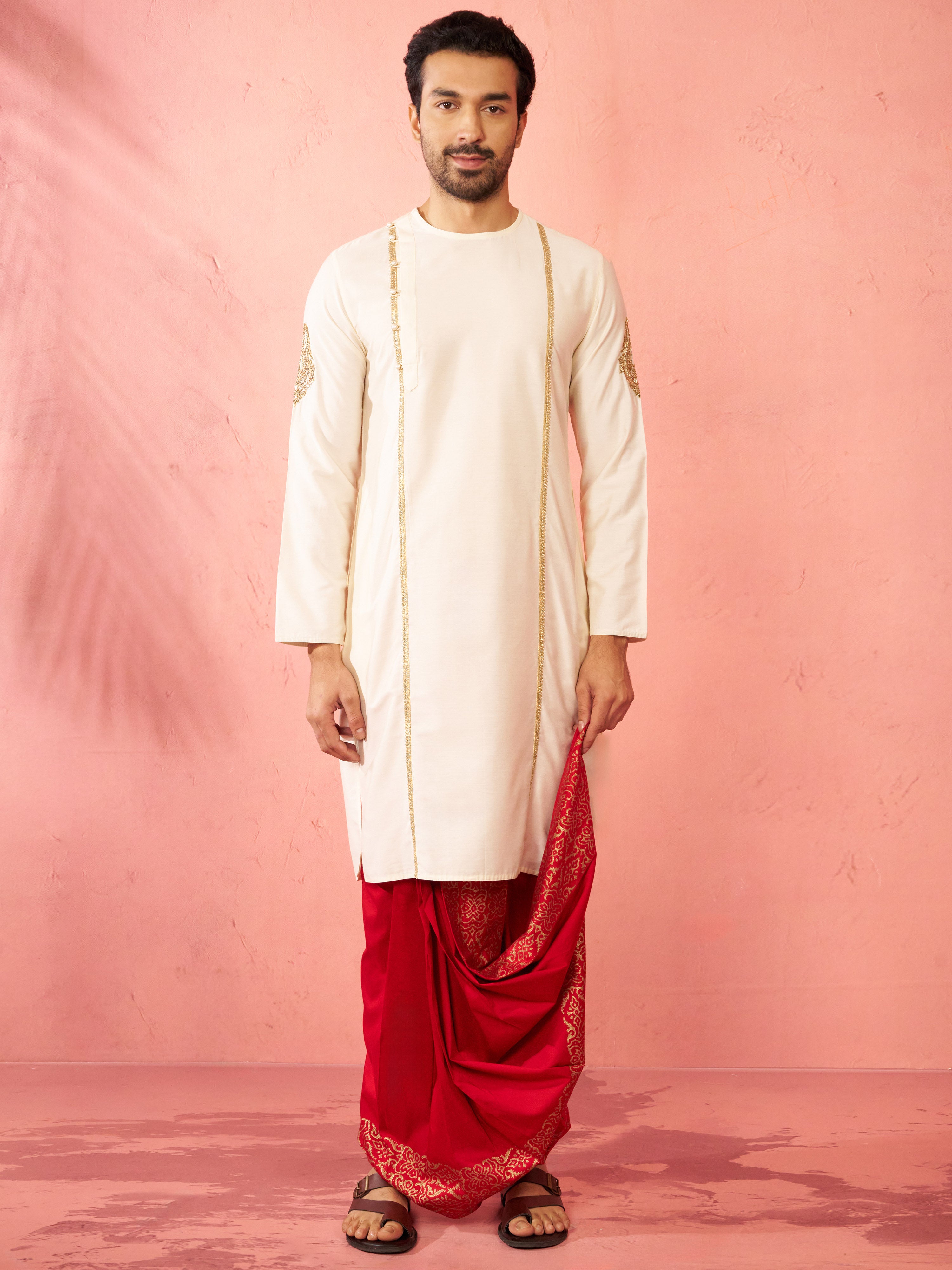 Men's Red Viscose Dhoti Traditional Border Print