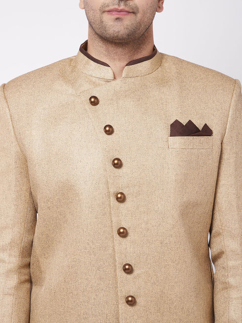 Men's Beige And Coffee Brown Jute Cotton Indo Western Set