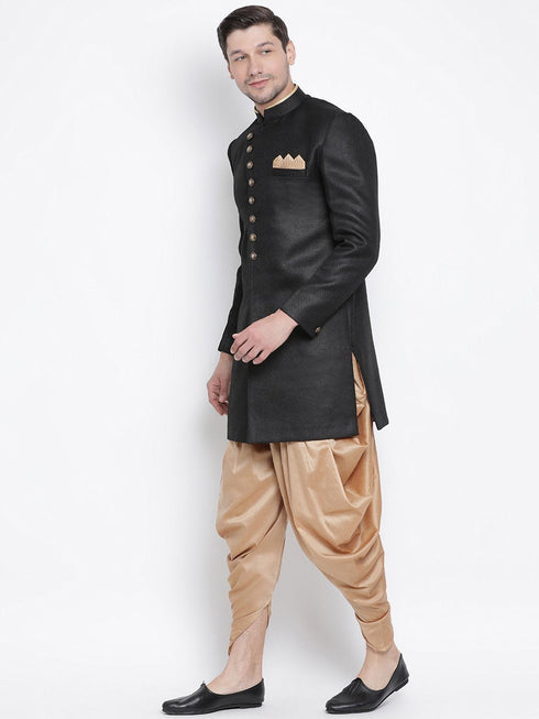 VASTRAMAY Men's Black Silk Blend Kurta and Dhoti Pant Set