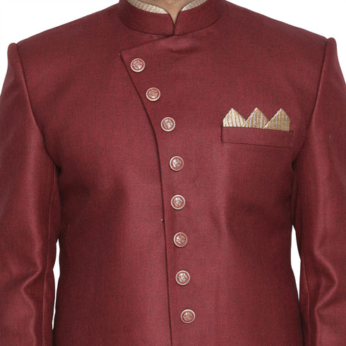VASTRAMAY Men's Maroon Jute Cotton Blend Sherwani Set