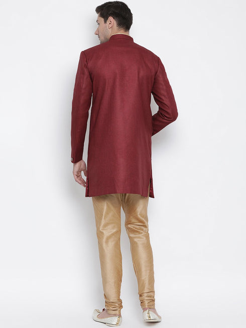 VASTRAMAY Men's Maroon Silk Blend Sherwani Set