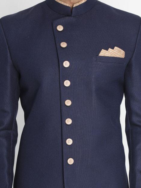 VASTRAMAY Men's Dark Blue Silk Blend Sherwani Set