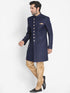 VASTRAMAY Men's Dark Blue Silk Blend Sherwani Set